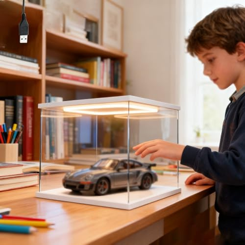 Vitrine Acrylique Vitrine en Acrylique avec Éclairage et Porte, Longs Bacs de Rangement Transparents Fond Blanc, Boîte de Décoration Bureau Anti-poussière Maquette Voiture(35x15xH30cm/14x6x12in)