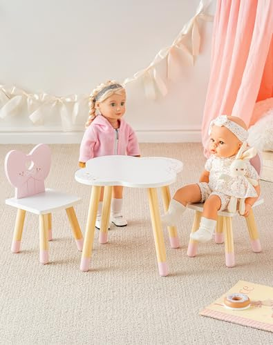 ROBOTIME Trädockor, kök, matbord och 2 stolar, dockmatset, trädockmöbler för 16–18 tums dockor, rosettdesign, balet Fairy-serien – rosa