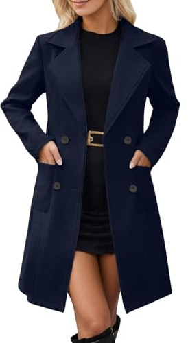 Generisch Cappotto invernale da donna, lungo, invernale, classico, da donna, con risvolto, caldo, elegante, corto, tinta unita, con bottoni a doppia fila, O blu scuro, S