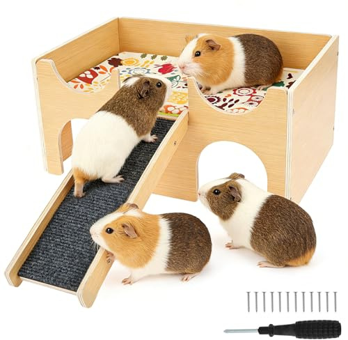 Wooden Guinea Pig Castle, Large Timber Hideaway Hut for Small Pets, 2-Tier Small Animal House with Ramp & 3 Entrances, Detachable Habitat for Rabbits, Hedgehogs, Chinchillas & Rats(Log color)
