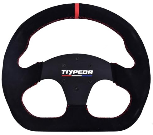 TIYPEOR Volante da corsa a forma di D per go-kart 320 mm 12,6 in pelle scamosciata nera con cuciture rosse, universale per go-kart, simulazione di guida e sport motoristici Sport motoristici