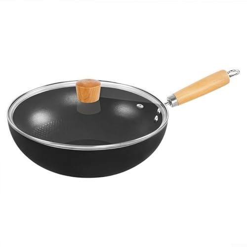 Non-stick Frying Pan for Flat Bottom Iron Wok Pots with Glass Cover Supports Stir Fry Deep Fry Braise and Steam Compatible with Various Stove Surfaces (28CM)