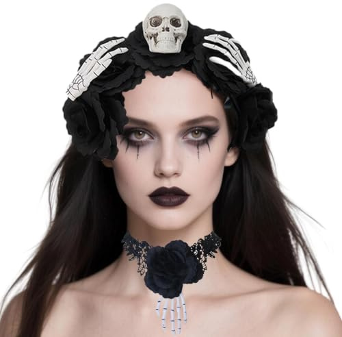 Collier Ras-de-cou Gothique Choker Serre-Tête Vintage Noir Crâne pour | Set Serre-Tête Et Collier Vampire Déguisement pour Fêtes Soirées Cosplay Jeux de Rôle et