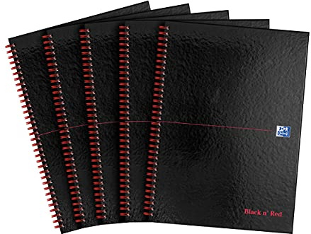 Oxford Black n' Red A4 Glossy Hardback Wirebound Notebook Ruled 140 Page, 5 Notebooks