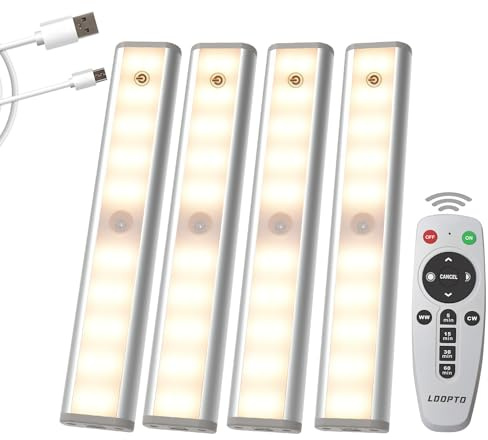 LDOPTO Under Cupboard Kitchen Lights with Remote, Dimmable Rechargeable Wireless LED Strip Battery Operated Lights Without Wiring Hinge Lighting for cupboards Wardrobe Kitchen, Hallway 4 Pack