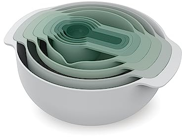 Joseph Joseph Nest 9 Plus, 9 Piece Compact Food Preparation Set with Mixing Bowls, Measuring Cups, Sieve and Colander, Editions Range, Sage Green