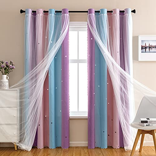 XiDi Girls Curtains for Bedroom, Purple Rainbow Blackout Curtains fo Kids Room Decor, Princess Unicorn Wall Decals Pink 63 Inches Long 34 Wide 1 Panel