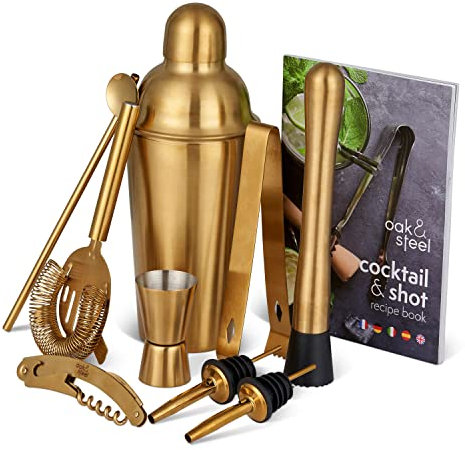 Oak & Steel - 10 Pièces Ensemble-Cadeau Shaker à Cocktail Professionnel en Acier Inoxydable, Doré - Kit Barman Complet avec Livre de Recettes Cocktail & Shot