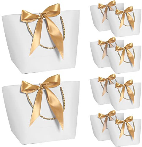 10 Stück Geschenktüten, Geschenkbeutel aus Papier mit Bogen Band, Elegant Papiertüten für Geburtstag Hochzeit Babyparty Abschlussfeier Geschenk Wrap DIY Geschenktasche (Weiß)