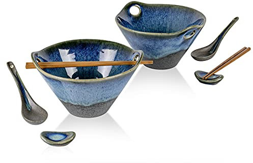 Ramen Schüssel Keramik Japanisch, Set Ramen Bowl mit Essstäbchen, Löffel und Löffelruhe für 2 Personen, Asiatisches Geschirr für Spülmaschine und Mikrowelle - 900ml