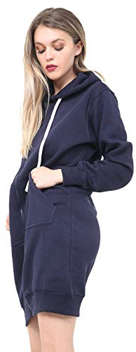 Lång huvtröja för kvinnor dragkedja fleece långa ärmar damer fleece lång casual huvtröjor sweatshirts jumper fleece topp cardigan kappa, Lång huvtröja marinblå, 42-44