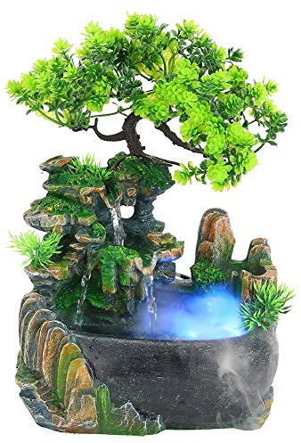 Indoor Tabletop Water Fountain, Home Desktop Waterfall with Atomizer LED Light Polyresin Decoration Waterfall Decor Ornament Meditation Fountain for Office Relaxation