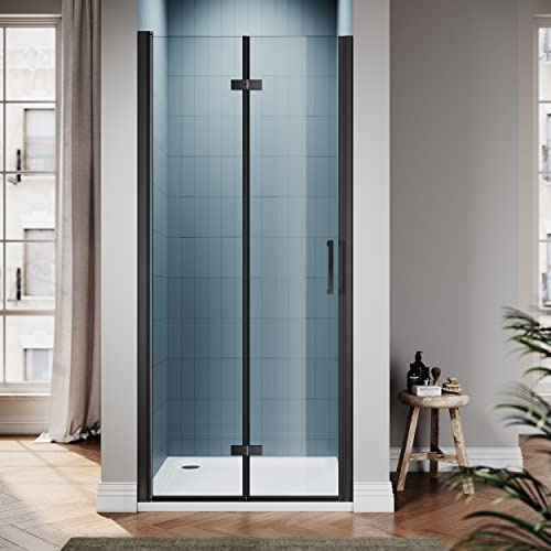 SIRHONA Duschdörr svart glidande 76 x 195 cm transparent glas svängbar duschdörr 6 mm säkerhet