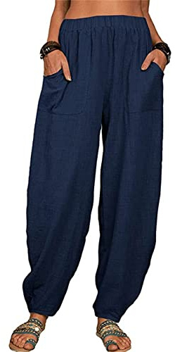 Pantalon Lin Large Femme Coton Grande Taille Fluide Décontracté Pantalon Sarouel Léger avec Poches Pantalon (Bleu Foncé, XXL)