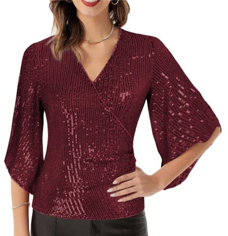 GRACE KARIN - Blusa da donna con maniche a 3/4, scollo a V, paillettes, adatta per cocktail party e feste | Camicette avvolgenti da sera per uscire clubwear camicia con paillettes taglie forti glitter scintillante top per le donne