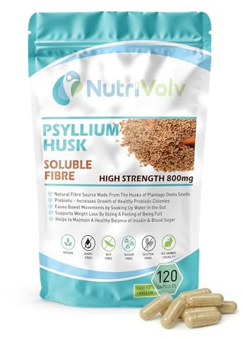 NutriVolv Psyllium Husk 800mg | 120 Capsules | Fibre Supplement | High in Soluble Fibre | Digestion Support | Detox | Colon Cleanse | Weight Loss | Gut Health | Vegan