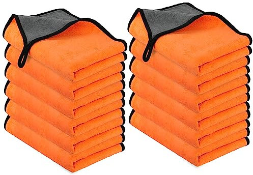 URAQT 400gsm Chiffons Microfibre de Nettoyage, 40x60cm 12pcs Chiffons de Nettoyage Extra épais en Microfibre Super Absorbant pour Lavage de Voiture, Séchage, Chiffons de Polissage（Orange）