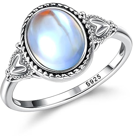 Morfetto Sterling Silver Moonstone Rings - Vintage Handmade Victorian Oval Solitaire Ring, 18K White Gold Plated Color Change Moonstone Women's Jewelry