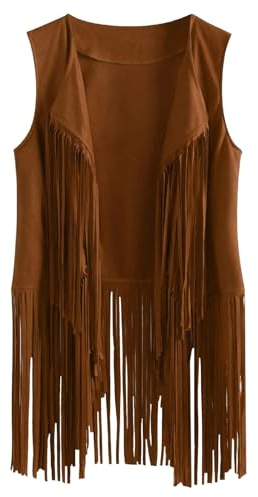 FEOYA Women's Fringe Faux Suede Vest 70s Hippie Sleeveless Tassel Cardigan Jacket Party Halloween