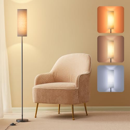 Lithomy 9W LED Stehleuchte, Dimmbare Wohnzimmerlampe mit 3 Farbtemperaturen, E27 Leselampe mit Leinen Lampenschirm & Fußschalter, Vintage Stehleuchte für Schlafzimmer, Grau