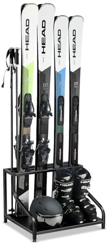 FHXZH Ski Storage Rack for Garage - Freestanding Ski Holders for 4 Pairs of Skis, Ski Boot, Ski Poles, Goggles, Helmet and More, Heavy Duty Steel Floor Stand Ski Organizer for Garage Basement