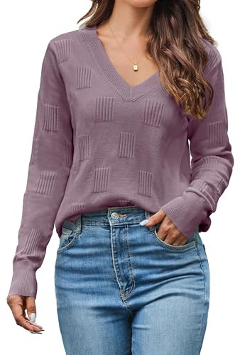 Cindeyar Pullover Damen Langarm V Ausschnitt Strickpullover Winter Casual Elegant Pulli Warm Oberteile (Grau Lila, M)