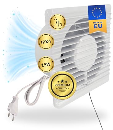 TronicXL 230V Badlüfter mit Kabel Schalter und Stecker IPX4 125mm Abluft/Zuluft Lüfter Ventilator mit Netzstecker für WC Toilette Keller Küche Einbau Einbaulüfter Abluftventilator