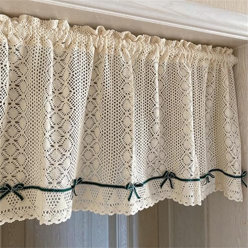 champracer Rideau brise-bise aspect crochet, style maison de campagne, crochet, motif floral rétro, petit rideau de fenêtre, cuisine, porte avec pompon, 1 pièce, H 90 x l 150 cm