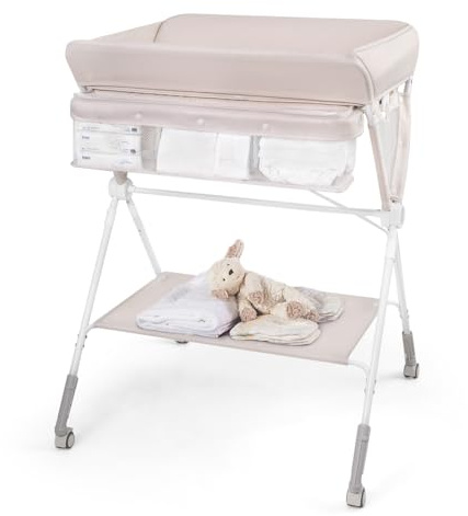 COSTWAY Baby Changing Table, Foldable Infant Care Station with Wheels, Adjustable Height, Storage Rack, Portable Nursery Organizer for Newborn (Beige)