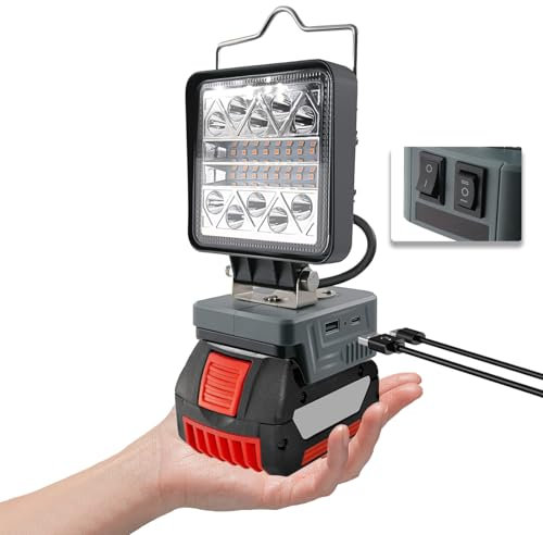 Battery Lamp for Bosch Professional 18 V System GBA, Work Light Cordless with USB A & Type-C Connection, 140° Rotating LED Spotlight, 6 Modes Brightness, Construction Site Lamp (900-1800 lm, Battery