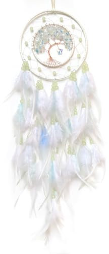 Donko White Dream Catcher Wall Decor Crystal Tree of Life Dream Catchers with Luminous Bead Handmade Feather Dreamcatcher Wall Hanging Ornament for Bedroom Living Room Home Decor
