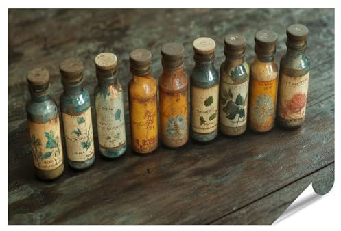 islandburner Poster XXL - Bouteilles de pharmacie anciennes avec étiquettes botaniques pour pharmacie, pharmacien, magasin d'antiquités, impression photo de qualité supérieure