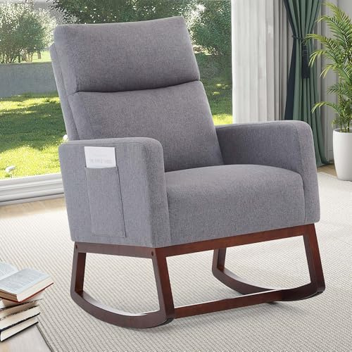 XH.Easy Go Rocking Chair for Nursery,Nursing Chairs for Adults Accent Rocking Linen Chair with HighBack,Side Pockets and Wooden Legs,Comfy Reading Nursery Armchair for Living Room Bedroom,Grey
