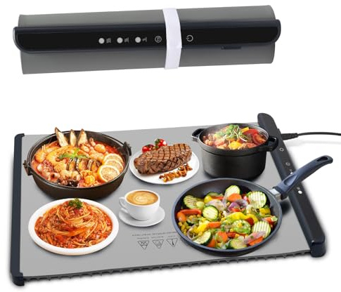 Warming Mat for Food, Portable Food Warming Tray with 5 Temp Settings, Rollable & Foldable Hot Plates for Keeping Food Warm, 1-4 Hour Timer, Warming Trays for Buffets 80x38cm (Grey)