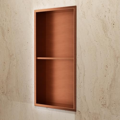 IMEX - Nicho de Ducha Empotrable 33x63cm Oro Rosa Cepillado | Hornacina Ducha con Dos Estantes de Acero Inoxidable S.304 | Hornacina Baño Empotrada a Pared de 10cm de Profundidad | Serie Artic