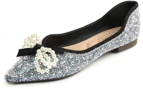 100junzidao Ballerine da Donna Taglie Grandi per Matrimoni con Fiocco in Strass comode Punta Affusolata Slip on da Indossare con Abiti da Balletto da Banchetto da Sposa