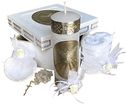 Arcangeles Mexicanos Catholic Baptism Candle Set in a Wooden Box with Towel, Candle, Rosary and Shell for Baby Boys and Girls. Handmade in Mexico