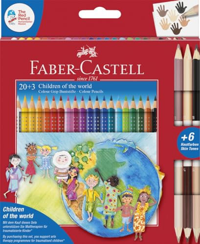 Faber-Castell 201747 - Colour Grip Buntstifte Children of the world, 20 Buntstifte + 3 Stifte mit je 2 Hautfarben Skin Tones, 1 Stück