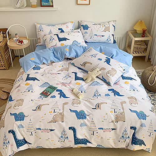 GETIYA Kinder Bettwäsche 135x200 Cartoon Dinosaurier Bettwäsche Weiß Blau Wende Bettwäsche Mädchen 100% Baumwolle Bettbezug 2 Teilig Bettwäsche Jungen Reißverschluss Bettbezug mit Kissenbezug 80x80