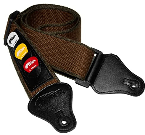 Tiger Correa para guitarra con soporte para púas, para guitarras clásicas, eléctricas, bajas y acústicas, Estándar, color Marrón