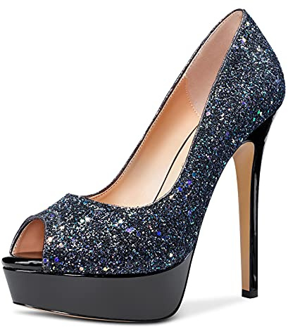 NobleOnly Women's Platform Open-Toe Leather Lining Stilettos 5IN High Heels Pumps Black Glitter Shoes UK4