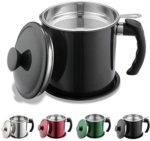 Kyraton Schwarzer Speckfettbehälter mit Sieb, 1.4L Edelstahlölbehälter mit schwarzer Beschichtung, Topffettaufbewahrung mit Deckel, griffiger Griff zum Aufbewahren von Frittieröl und Speisefett