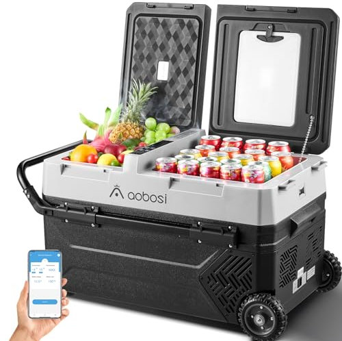 AAOBOSI Kompressor Kühlbox 57L, Kühlbox Auto Dual Zone, Kühlbox Elektrisch -20°C bis 20°C,12/24V DC und 100-240V AC Kühlbox für Auto, LKW, Boot, Reisemobil, Camping