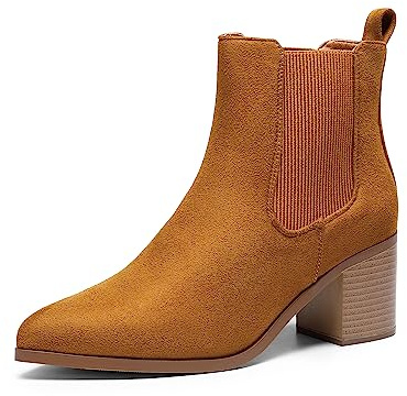 DREAM PAIRS Botas de tobillo Chelsea elásticas retro para mujer, tacón bajo y grueso, punta puntiaguda, tacón de otoño, zapatos de tacón, Bronceado-Gamuza, 38.5 EU