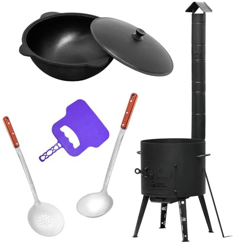 Uchag Ø 36 mm Acier Utschak avec tuyau d'évacuation 8 l Kazan Éventail à mousse Louche à soupe Utschak Utschag Kazan Cuisine champêtre Cuisine extérieure Four à ragoût Canon à goulasch
