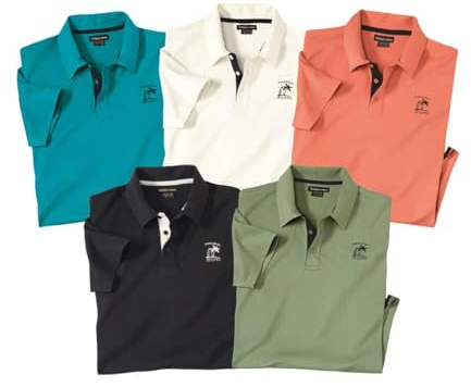 ATLAS FOR MEN -Lot de 5 Polos Homme - Polos Manches Courtes Coton - Confort, Chic, Couleurs Été - Disponible en Grandes Tailles du M au 5XL