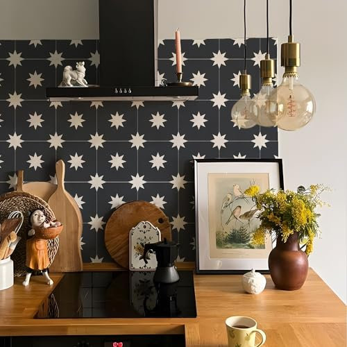 Alwayspon Tile Sticker, Black White Floral Self Adhesive Stick on Tiles Transfer Sticker for Bathroom Kitchen, Splashback, Peel and Stick Vinyl Floor Wall Tiles Sticker, 10PcsX15cm/6inch