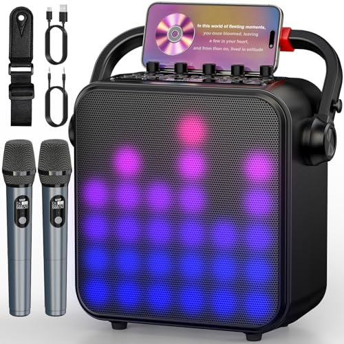 Karaoke 2 Microfonos Inalambricos, Portatil Altavoz Karaoke Profesional con Sistema PA y Pantalla LED de Pantalla Completa, Compatible con Bluetooth/TF/USB/AUX/TWS para Fiestas en Casa