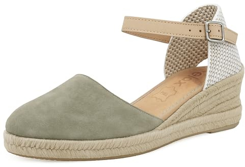 JOMIX Sandali Espadrillas Donna con Zeppa Scarpe Estive Punta Chiusa in Vera Pelle Cinturino Regolabile Eleganti e Comode ES2506 Verde Khaki 38