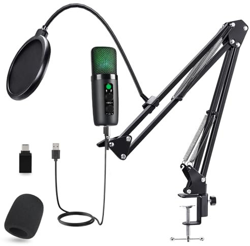 SUNEOWALY USB-Kondensatormikrofon, Professionelle USB Mikrofon Set mit Stummschalttaste,RGB Licht Modi, Mikrofonarm und Pop Filter, Gaming Microphone für Podcasting, Aufnahme, YouTube, Home Studio